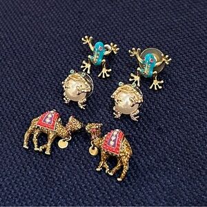 3 PAIRS - Betsey Johnson stud earrings camels, frogs, pearl enamel blue gold